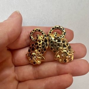 Lilly Pulitzer Jaguar Black Enamel and Rhinestone Cat Earrings.